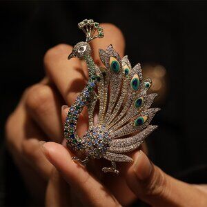 Luxury Statement Peacock Brooch Pin - Pave Crystal & Enamel Feather Gold Tone
